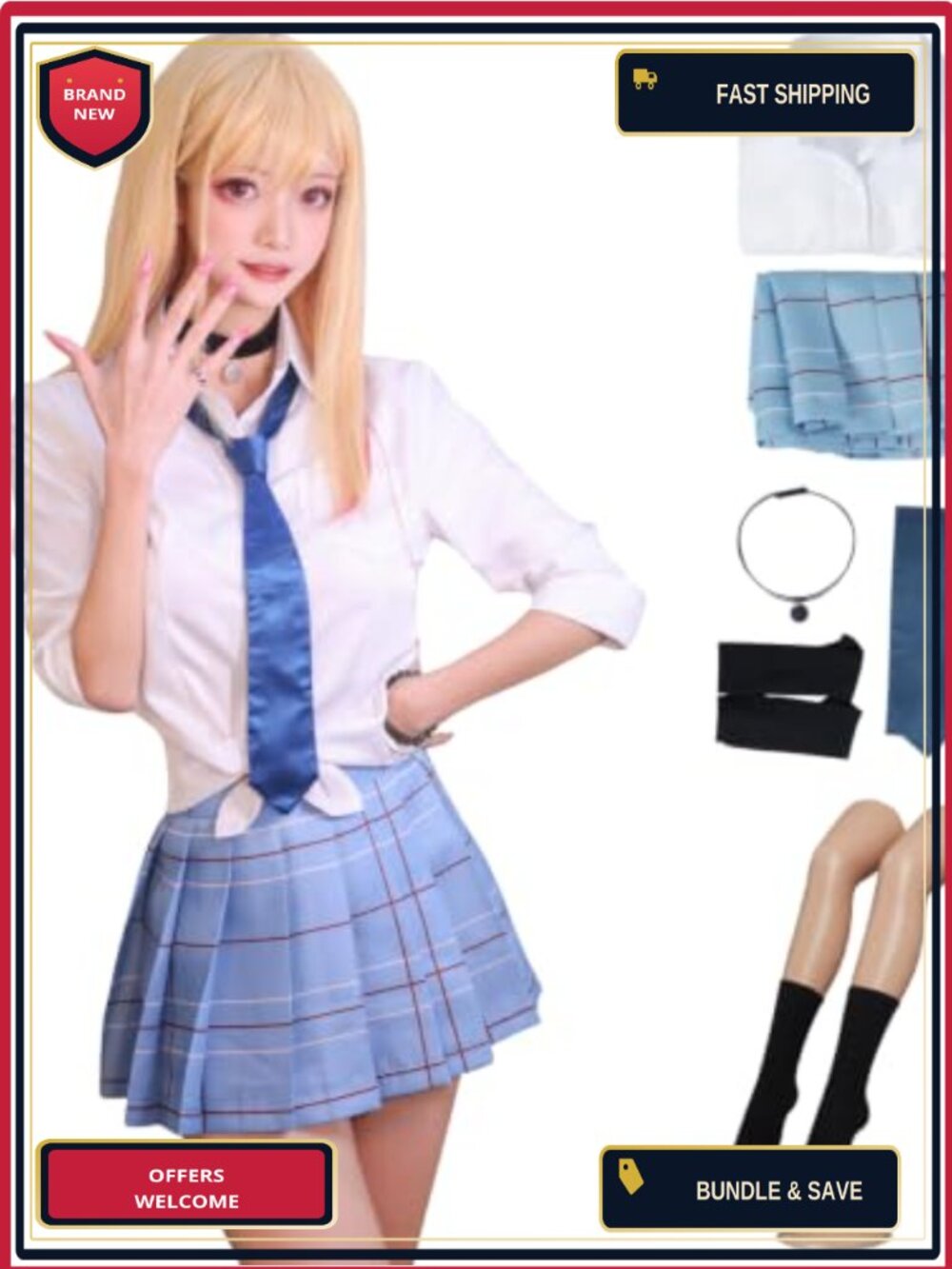 Japanese School Uniform Cosplay Costume Pleated Skirt 5 Piece Set